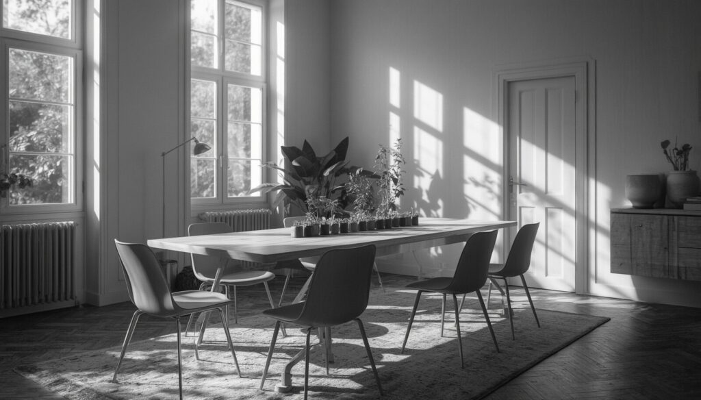 Gastgeber werden Gastgeber für Workshops – heller Raum mit großem Tisch